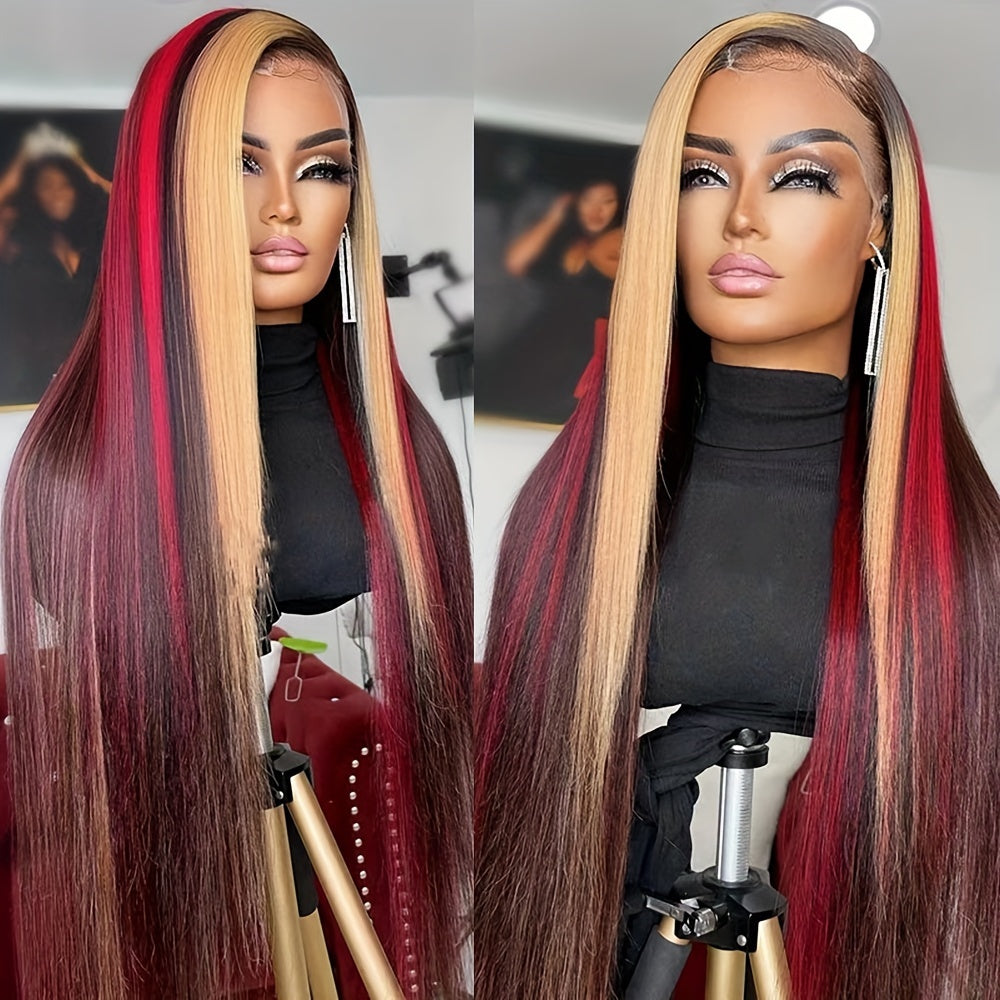 Red & Blonde Highlight Lace Front Wig for Women - Heat Resistant Synthetic Hair, 13x4 Preplucked Deep Part, 180% Density Glueless Wig for Daily & Party Use (All Ethnicities), Versatile Hairpiece | Sleek Straight Hairpiece | S